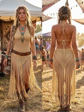 Boho Crochet Fringe Halter Dress - Cream Festival Beach Coverup O/S up to M